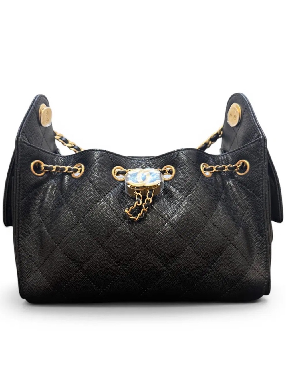 CHANEL 25 Black Caviar Quilted Shoulder Bag with Gold Chain Hardware